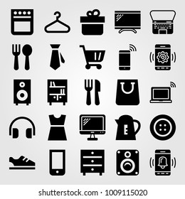 Shopping vector icon set. cutlery, oven, button and gift