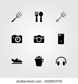Shopping vector icon set. cutlery, smartphone, headphones and sneakers