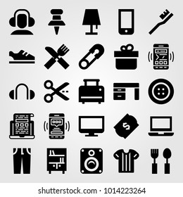 Shopping vector icon set. desk, scissors, smartphone and pin