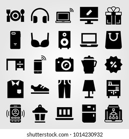 Shopping vector icon set. desk, speaker, photo camera and lamp