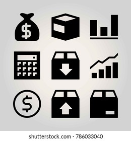 Shopping vector icon set. dollar, calculator, analutics and money bag