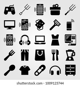 Shopping vector icon set. dress, cutlery, shirt and soap