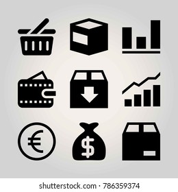 Shopping vector icon set. euro, wallet, basket and shopping basket