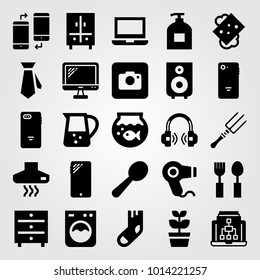 Shopping vector icon set. fish bowl, plant, closet and headphones