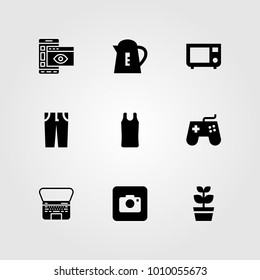 Shopping vector icon set. gamepad, kettle, photo camera and laptop