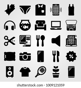 Shopping vector icon set. glove, photo camera, mute and pc