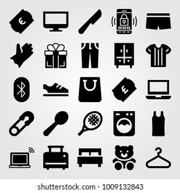 Shopping vector icon set. glove, tennis racket, gift and bear