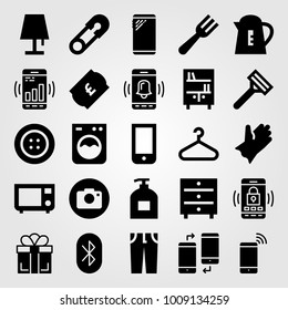 Shopping vector icon set. glove, piquid soap, safety pin and bookshelf