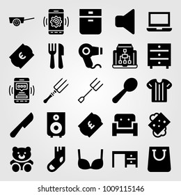 Shopping vector icon set. hair dryer, couch, bra and cutlery