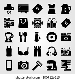 Shopping vector icon set. headphones, coffee maker, bra and pc