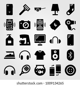 Shopping vector icon set. headphones, hair dryer, tennis racket and speaker