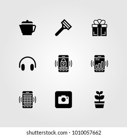 Shopping vector icon set. headphones, gift, photo camera and kettle