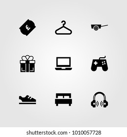 Shopping vector icon set. headphones, cart, bed and gift