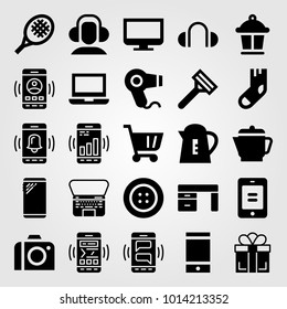 Shopping vector icon set. headphones, gift, button and photo camera