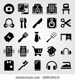 Shopping vector icon set. iron, chair, ticket and fork