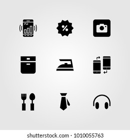 Shopping vector icon set. iron, photo camera, headphones and oven