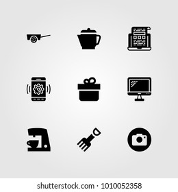 Shopping vector icon set. kettle, photo camera, tv and monitor