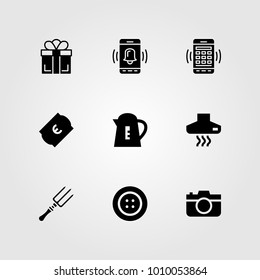 Shopping vector icon set. kettle, extractor hood, smartphone and photo camera