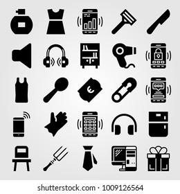 Shopping vector icon set. knife, gift, chair and safety pin