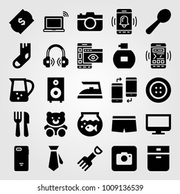 Shopping vector icon set. laptop, button, toy and photo camera