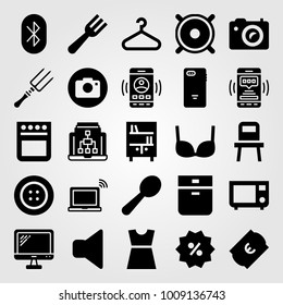 Shopping vector icon set. laptop, ticket, dress and tv