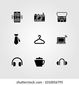 Shopping vector icon set. laptop, photo camera, tie and headphones