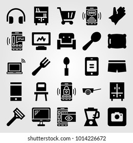 Shopping vector icon set. laptop, computer, bookshelf and tv