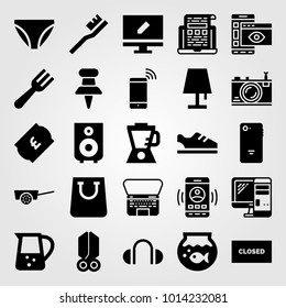 Shopping vector icon set. laptop, fork, ticket and pin