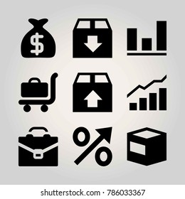 Shopping vector icon set. luggage, analutics, briefcase and case