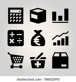 Shopping vector icon set. money bag, shopping baket, shopping cart and analytics