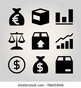 Shopping vector icon set. money bag, coin, analutics and package