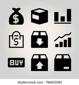 Shopping vector icon set. money bag, analutics, analytics and package