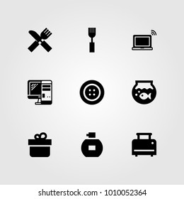 Shopping vector icon set. monitor, laptop, fish bowl and perfume