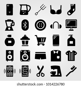 Shopping vector icon set. monitor, jar, scissors and fork