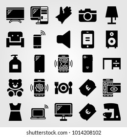 Shopping vector icon set. mute, laptop, photo camera and coffee maker