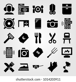 Shopping vector icon set. oven, cart, desk lamp and speaker