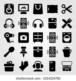 Shopping vector icon set. oven, kettle, scissors and push pin