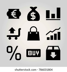 Shopping vector icon set. shopping, package, buy and percentage