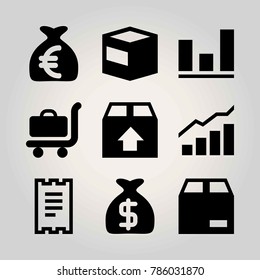 Shopping vector icon set. package, analytics, luggage and money bag