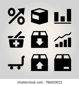 Shopping vector icon set. package, analytics, trolley and analutics