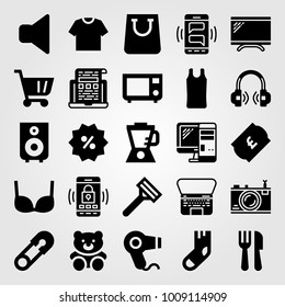 Shopping vector icon set. percentage, microwave oven, speaker and laptop