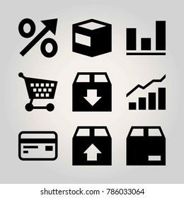 Shopping vector icon set. percentage, analutics, shopping cart and credit card