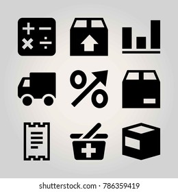Shopping vector icon set. percentage, delivery, and shopping baket