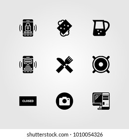 Shopping vector icon set. photo camera, monitor, jar and closed