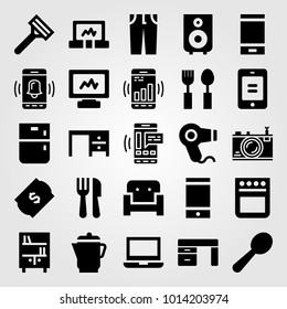 Shopping vector icon set. photo camera, desk, fridge and smartphone
