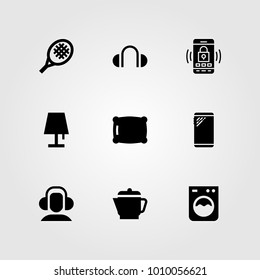 Shopping vector icon set. pillow, kettle, headphones and tennis racket