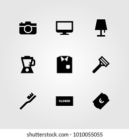 Shopping vector icon set. shirt, computer, lamp and photo camera