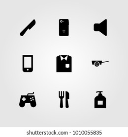 Shopping vector icon set. shirt, piquid soap, cart and cutlery