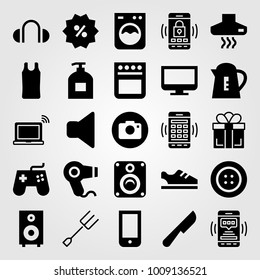 Shopping vector icon set. speaker, knife, computer and fork