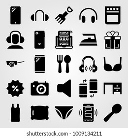 Shopping vector icon set. spoon, photo camera, cutlery and cart